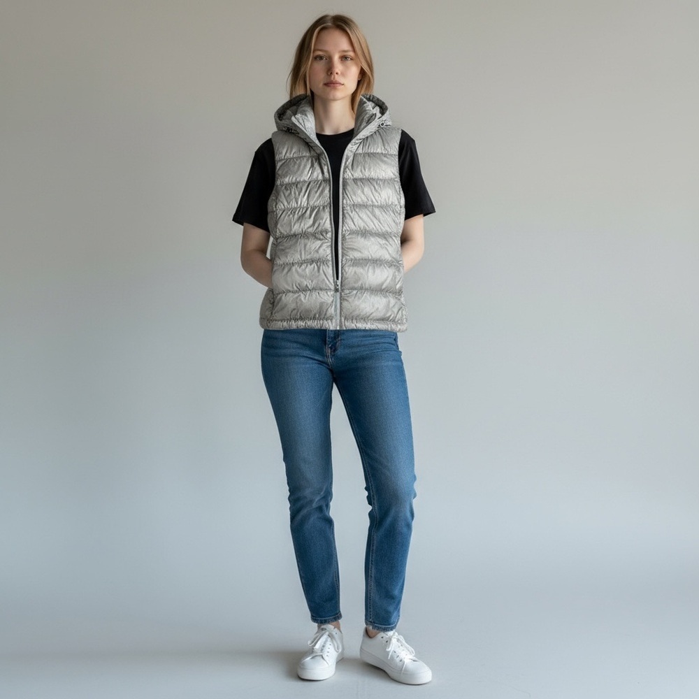 Athleta Aire Puffer Vest in Cream Hooded Full Zip 2 Zipper Pockets Size SP